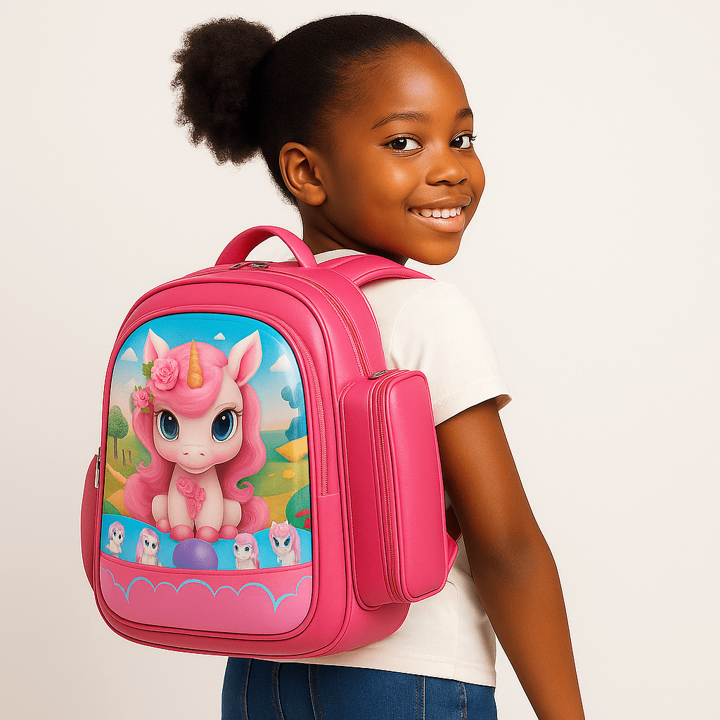 UrbanPack™ – Sac scolaire rose Felyza porté par une écolière souriante